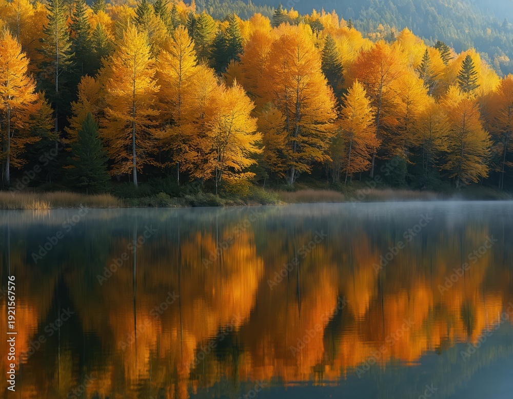 Obraz premium Golden autumn trees with yellow and orange leaves grow on shore of calm lake. Mirror reflection of colorful forest on still water surface with light mist.