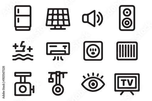 Smart home appliance and technology icons including TV camera and electrical power socket