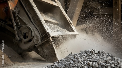 crusher. Close-up of heavy industrial crusher jaws compressing rock into gravel under dramatic lighting. safety posters.