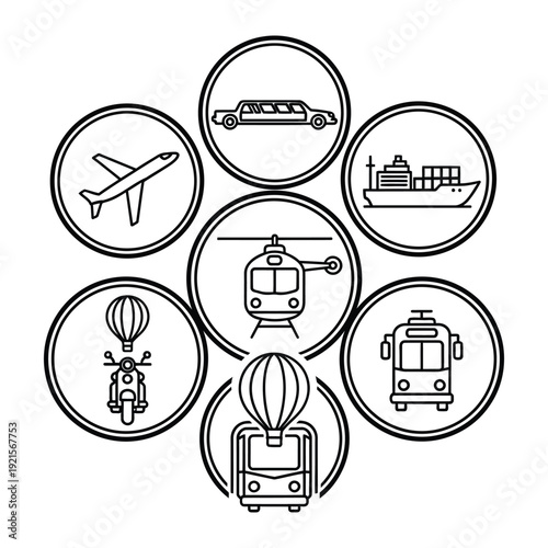 Diverse Transport Icons: An illustrated array of various transport methods, each meticulously represented within circular frames, offering a visual compendium of ways to traverse the world.