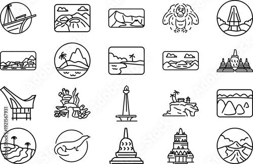 Indonesian Travel and Culture Line Art Icons Set
