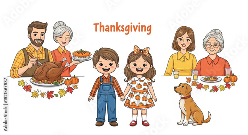 Children Standing Near Thanksgiving Table.