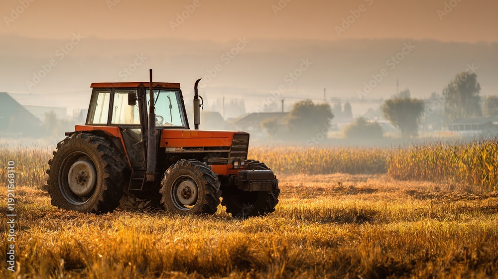 Fototapeta premium cornfield. Agricultural tractor in a golden cornfield, surrounded by morning mist and soft natural light. safety posters.