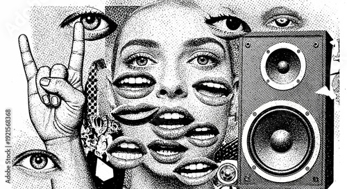 surreal face with eyes and mouths, rock hand and speaker