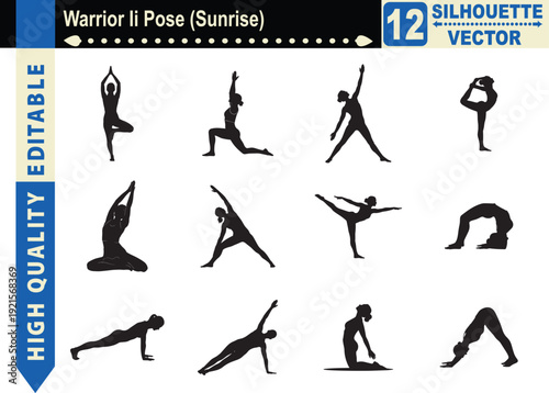 Warrior II pose sunrise silhouette. Vector black figure of woman practicing yoga asana in morning nature. Isolated meditation design.