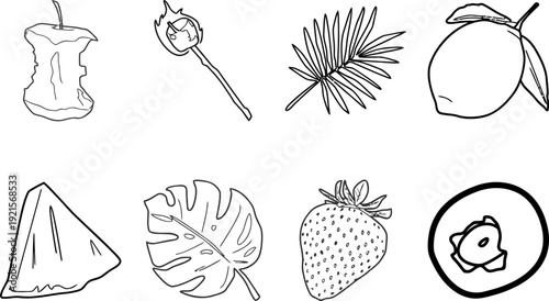 Organic Food and Nature Elements Line Art Collection
