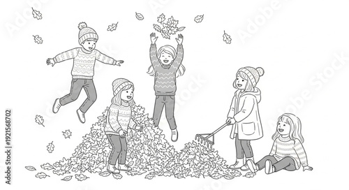 Children Playing in Leaf Pile.