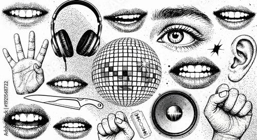 hand drawn music elements, disco ball, lips, ear, eye, knife, razor blade