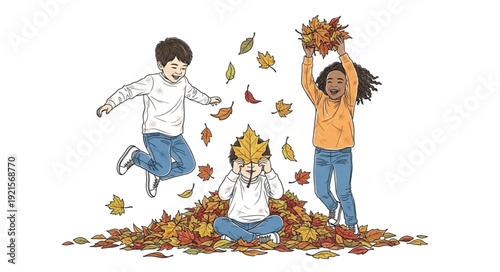 Children Playing with Autumn Leaves.