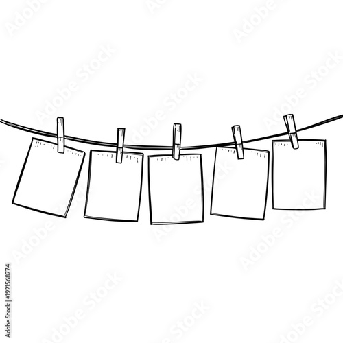 polaroid photos hanging on clothesline vector line art hand drawn illustration