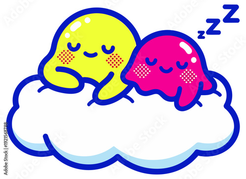 Cute sleepy characters dreaming on a cloud adorable illustration
