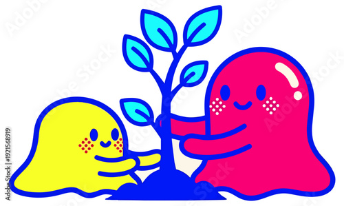 Cute Cartoon Characters Nurturing Plant Growth Together