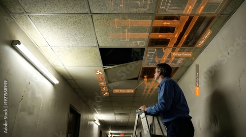 Engineer inspecting office ceiling pipes with pipe overlays