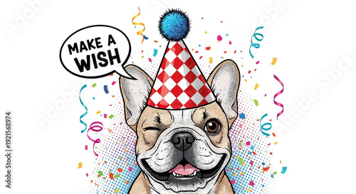 happy birthday dog, french bulldog with party hat and confetti