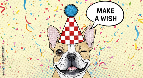 french bulldog birthday wish, party hat, confetti background