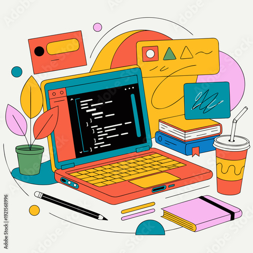A colorful illustration of a laptop surrounded by office supplies