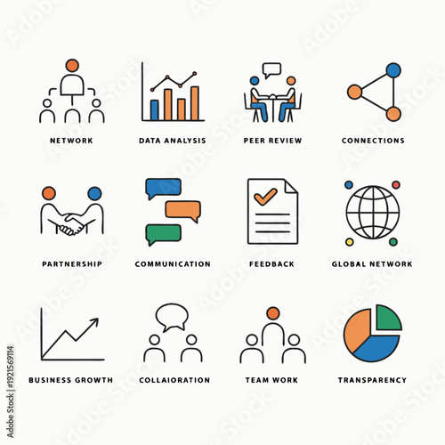Business icons for various aspects of company operations and management