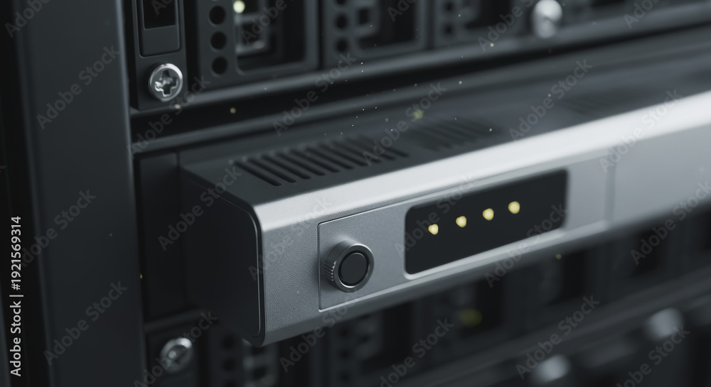 Obraz premium Modern Server Blade in Data Center Rack with Illuminated Status Lights and Control Dial, Representing Advanced Cloud Computing and Network Infrastructure for Digital Systems
