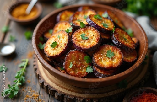 Crispy fried eggplant slices in wooden bowl. Sliced aubergine cooked with spices and parsley garnish. Healthy vegetarian dish served on rustic table with seasoning.