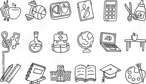 Simple line art school and education icons collection
