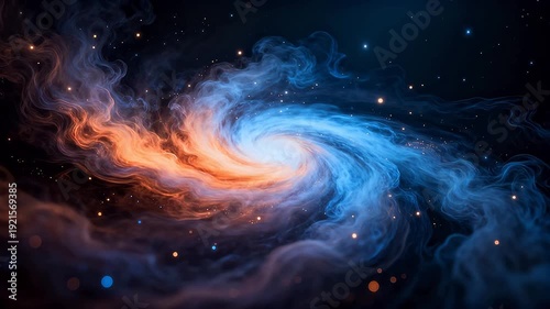 Spiral galaxy with orange and blue nebula in deep space