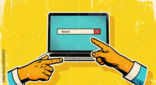 hands pointing at search bar on laptop screen, internet concept