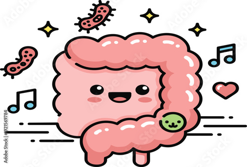 Healthy gut and digestive system concept, cute flat vector illustration of smiling cartoon intestine character with probiotics, bacteria and music notes isolated on white background.