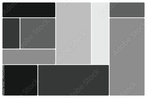 Set of Trendy bento grid layout style brick Ui UX templates. Grey on dark. Web comic grids, rounded corners. Different panel layouts with brutal shapes tiles of different sizes Vector illustration