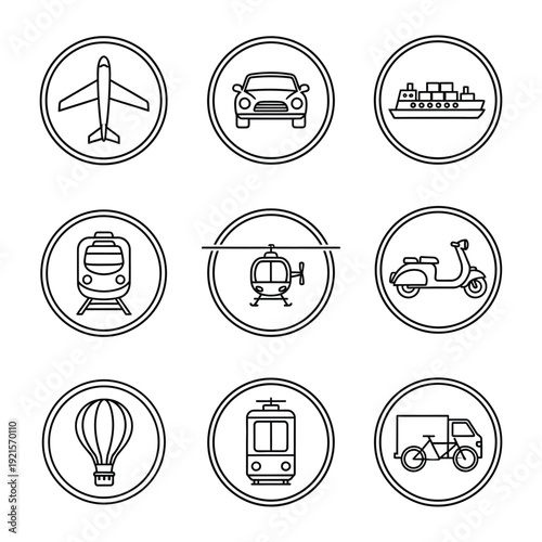Transport Icons: A collection of diverse transportation icons, arranged in circular frames. Capturing a range of transport types for versatile applications.