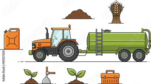 Modern tractor and harvest transport set, flat vector illustrations with orange tractor pulling green water tank trailer, wheat bundle, fuel canister, soil and seedlings isolated on white background.