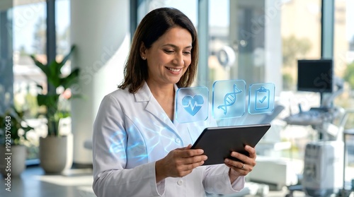 Doctor using tablet with digital health interface