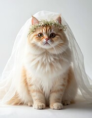 Fluffy ginger cat wears white wedding dress and floral headpiece. This adorable pet sits patiently, looking forward with large eyes, ready for ceremony. It is a formal occasion photo.