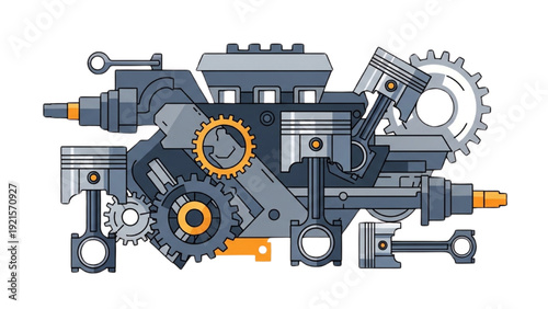 Detailed vehicle autocad blueprint illustration showcasing engine components and mechanical parts in a technical isometric view