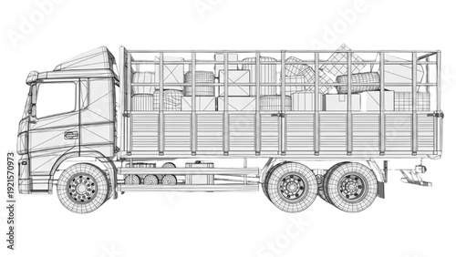 Detailed vehicle autocad blueprint of a large truck with trailer, side view, technical drawing