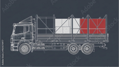 Detailed vehicle autocad blueprint of a container truck with cargo containers in a technical drawing style
