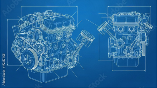 Detailed vehicle autocad blueprint of engine components and assembly views