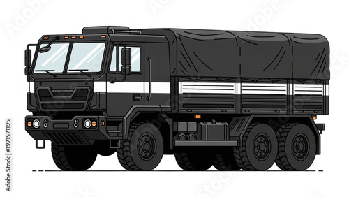 Detailed vehicle autocad blueprint of a large black military truck with tarp-covered cargo bed and six wheels in a technical illustration