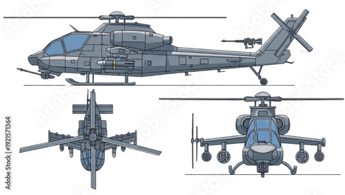 Detailed vehicle autocad blueprint of a helicopter from multiple viewpoints showcasing its design and structure