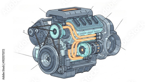 Detailed vehicle autocad blueprint illustration of a complex engine system from an isometric viewpoint showcasing mechanical components