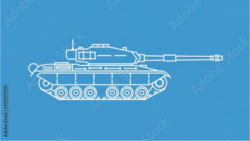 Detailed vehicle autocad blueprint of a tank on a blue background viewed from the side in a technical illustration