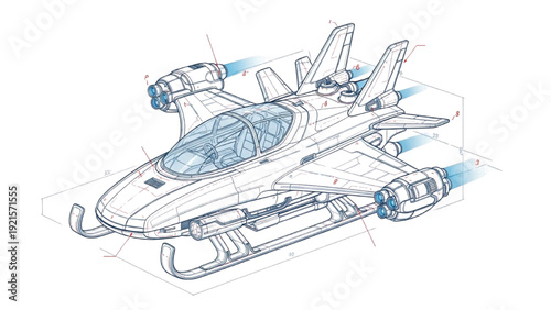 Detailed vehicle autocad blueprint of a futuristic aircraft design in isometric view