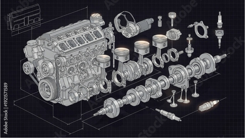 Detailed vehicle autocad blueprint of engine components and parts in exploded view for technical analysis