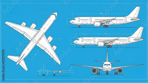 Detailed vehicle autocad blueprint of an airplane displayed from various viewpoints