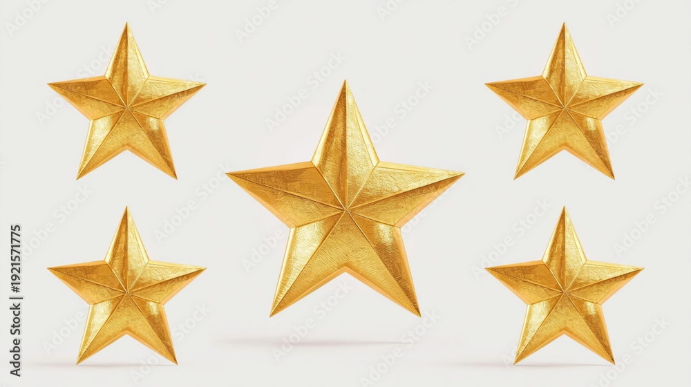 Obraz premium golden stars isolated on white backgroundGroup of five-pointed golden stars isolated on white background, premium quality and rating concept, achievement 