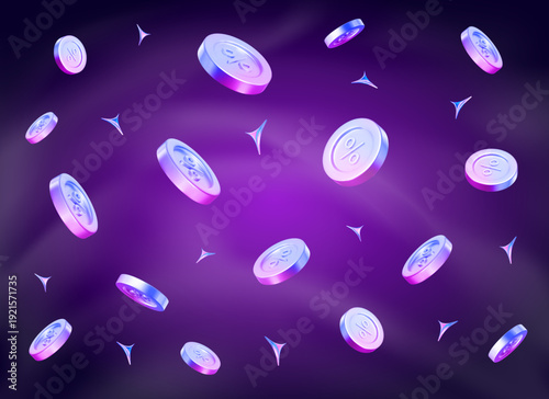 3d flying neon coins with percent sign with holographic stars. Stock vector illustration on isolated background.	
