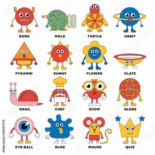 A collection of cartoon monsters and celestial bodies with smiling faces