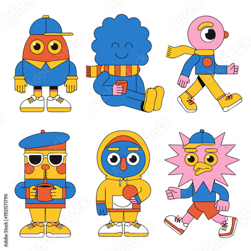 A group of colorful cartoon characters with different expressions