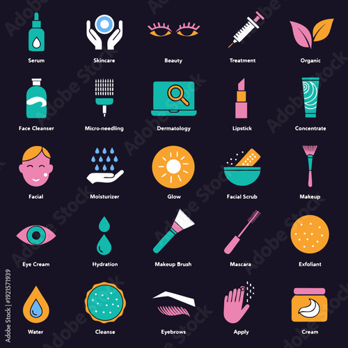 A collection of colorful beauty and makeup icons on a dark background