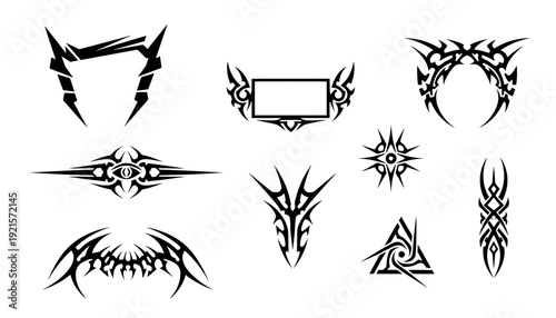 Set of black abstract tribal vector shapes featuring horned frames, an eye divider, an alien mask, and a swirl triangle decal for Y2K gaming art