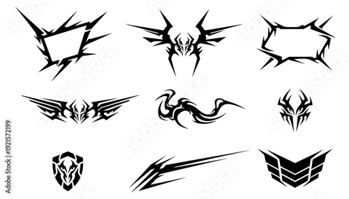 Black sharp abstract tribal vector shapes, including wings, masks, frames, and swooshes. Perfect elements for futuristic car decals or gaming logos